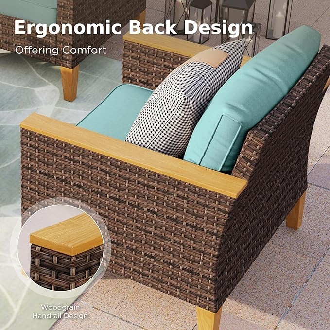 PHI VILLA 7-Piece Half Moon Patio Furniture Set with 56" Fire Pit Table, Outdoor Wicker Sectional Sofa with Cushions, Large Curved Conversation Seating for Garden or Backyard, Aqua Blue