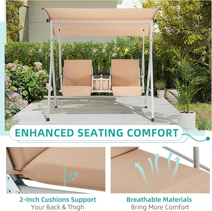 HOMREST 2 Seat Outdoor Porch Swing,Patio Swing with Adjustable Canopy,Heavy Duty 650 LBS Outdoor Swing with Pivot Storage Table & 2 Cup Holders & Cushions for Yard, Lawn, Backyard, (Beige)
