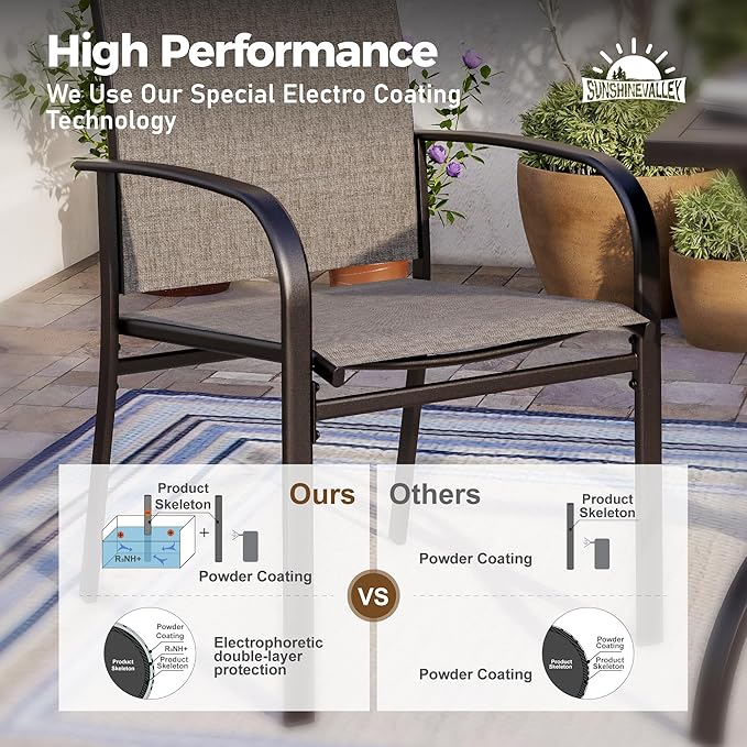 5 Piece Patio Dining Set for 4, 37”x37” Square Table with Umbrella Hole, 4 Metal Brown Chairs, Outdoor Table and Chairs Set for Lawn Backyard and Deck