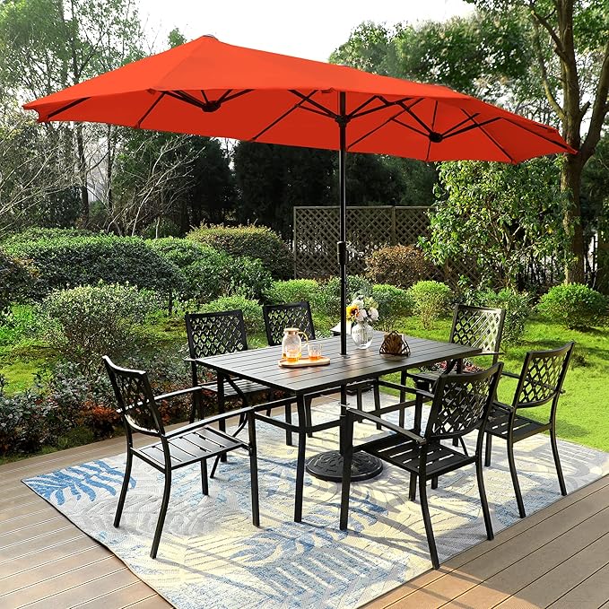PHI VILLA 8 Piece Patio Dining Set with 13ft Double-Sided Patio Umbrella,Metal Outdoor Table Furniture Set with 6 Outdoor Stackable Chairs, 1 Rectangle Dining Table and 1 Large Umbrella