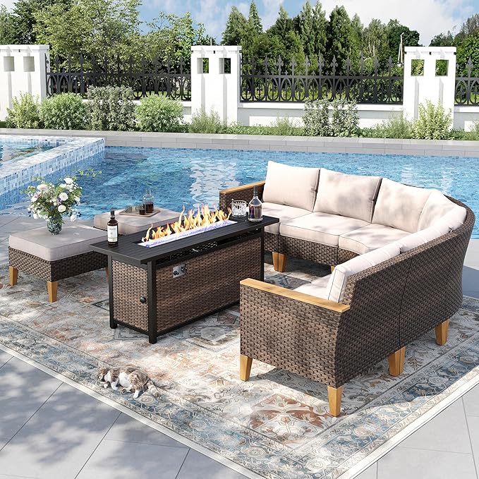 PHI VILLA 8-Piece Curved Patio Furniture Set with Fire Pit Table, Outdoor Wicker Half-Moon Sectional Sofa with Cushions, 56” Gas Fire Pit Table and Ottomans, Beige