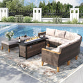 PHI VILLA 8-Piece Curved Patio Furniture Set with Fire Pit Table, Outdoor Wicker Half-Moon Sectional Sofa with Cushions, 56” Gas Fire Pit Table and Ottomans, Beige