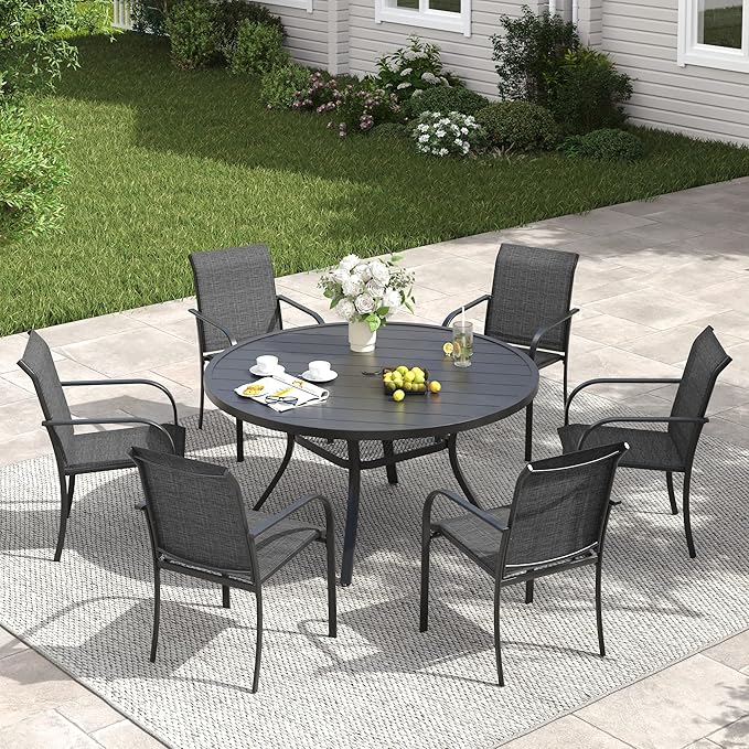 VICLLAX Patio Dining Set for 6, 7 Pieces Outdoor Furniture Set- 47" Round Patio Table and Stackable Chairs, Black Tabletop and Grey Fabric