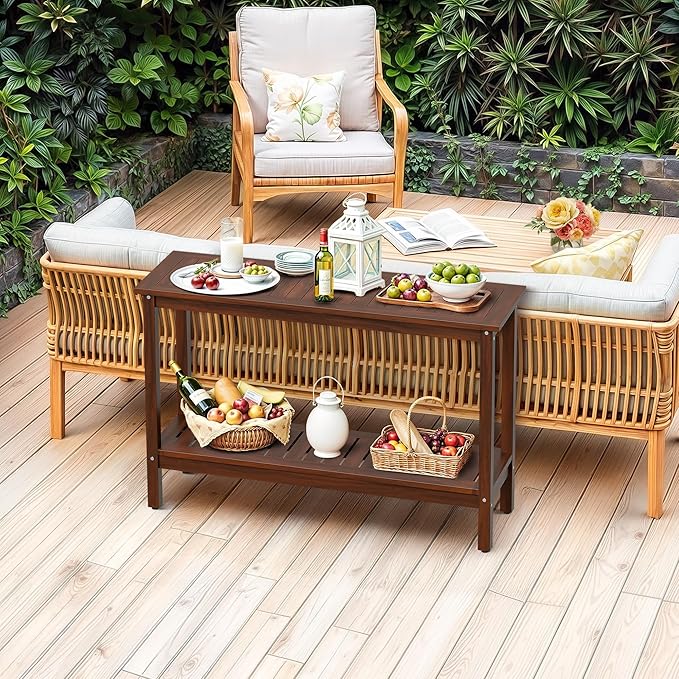 SUPER DEAL All-Weather Patio Bar Table Entry Console Table, 2-Shelf 48 inch Solid Wood Indoor Outdoor Multifunctional Buffet Storage Organizer with Adjustable Feet, Espresso