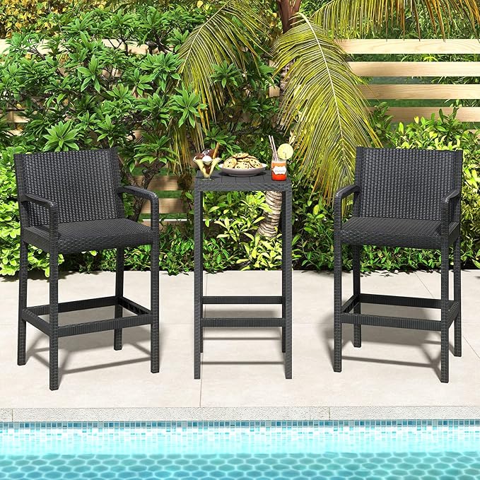 Tangkula 3 Pieces Patio Bar Set, Oudoor Curved Heavy Duty Bar Chairs and Square Table for 2, for Garden, Balcony, Poolside, Black