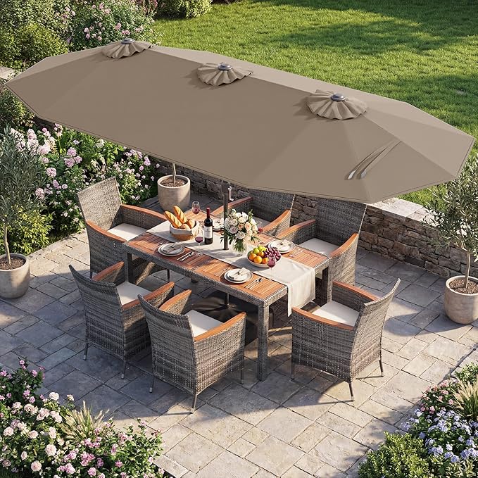 Tangkula 9 Piece Rattan Outdoor Dining Set with 13Ft Umbrella for 6, Outdoor Wicker Table Set with 6 Cushioned Armchairs, Acacia Wood Top, Outdoor Umbrella & with Base Included