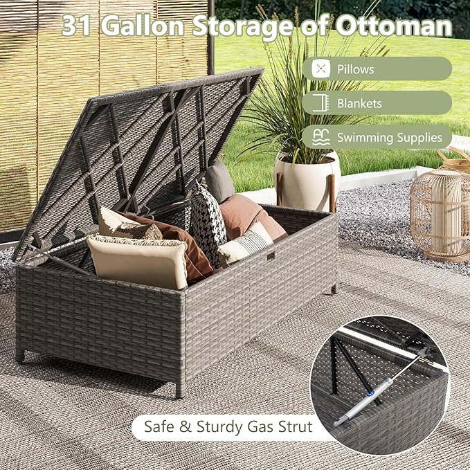 Tangkula Outdoor Rattan Daybed, Wicker Loveseat & 31 Gallon Storage Ottoman w/Soft Cushions, Space-Saving 2-Person Sun Lounger Daybed for Backyard, Porch (Beige)