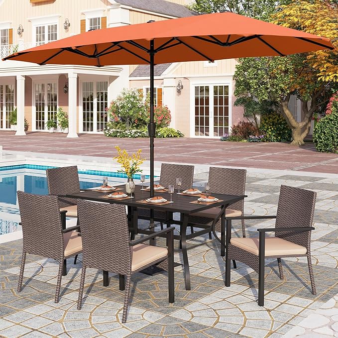 PHI VILLA 7 Pieces Patio Dining Set with Umbrella for 6, 60” Large Metal Iron Dining Table & Cushioned Rattan Wicker Chairs & 13ft Red Umbrella for Patio, Deck, Yard, Porch