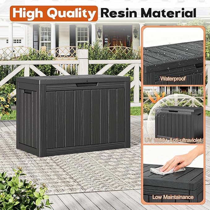Outdoor Storage Box, Resin Deck Boxes Indoor and outdoor, Waterproof Storage Box Lockable Lid (Black, 50 Gallon)