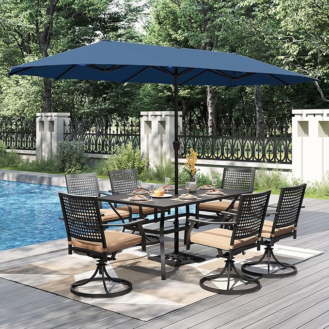 PHI VILLA 7 Pieces Outdoor Dining Set for 6 with Umbrella, 60" Long Metal Table & Swivel Iron Chairs with Cushions & 13ft Blue Umbrella, Modern Steel Furniture Set for Patio, Deck, Yard, Porch