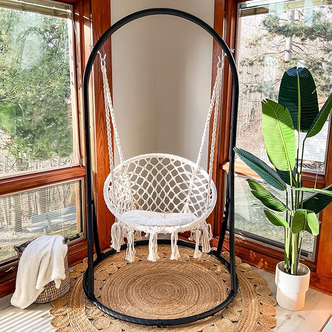 SUNCREAT Hammock Chair with Stand Included, Heavy Duty Hanging Chair with Stand, 330 lbs Capacity, Patent Pending, Beige