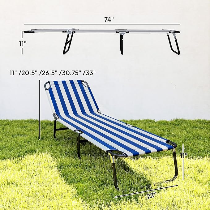 Outsunny Folding Chaise Lounge Pool Chairs, Outdoor Sun Tanning Chairs with 5-Level Reclining Back, Steel Frame for Beach, Yard, Patio, Blue and White