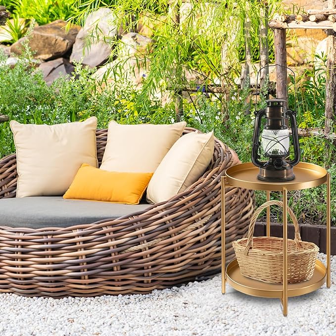 danpinera 2-Tier End Table, Outdoor Side Table, Metal Round Desk with Removable Tray, Small Folding Accent Desk, Anti-Rust Nightstand for Bedroom Balcony Patio Living Room, Set of 2 (Gold)