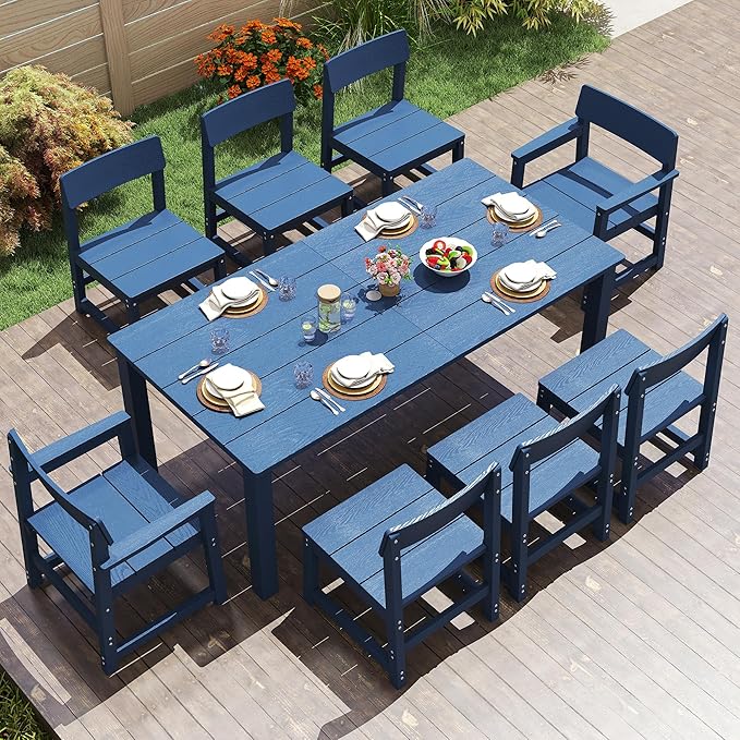 9 Piece Outdoor Dining Table Set for 8 HIPS Patio Dining Sets with Umbrella Hole Outdoor Furniture All Weather Patio Furniture Set for Outside Deck Backyard Poolside Garden, Deep Blue