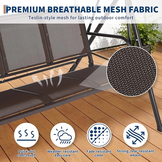 Porch Swing with Adjustable Canopy for Adults 3-Seat Outdoor Waterproof Textilene & Steel Frame Patio Swing Bench for Backyard Lawn Garden Brown