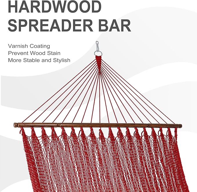 Lazy Daze Hammocks 10.5 FT Double 2 Person Caribbean Rope Hammock, Hand Woven Polyester Hammock with Spreader Bars, for Outside Outdoor Backyard Patio Poolside, 450 LBS Capacity, Red