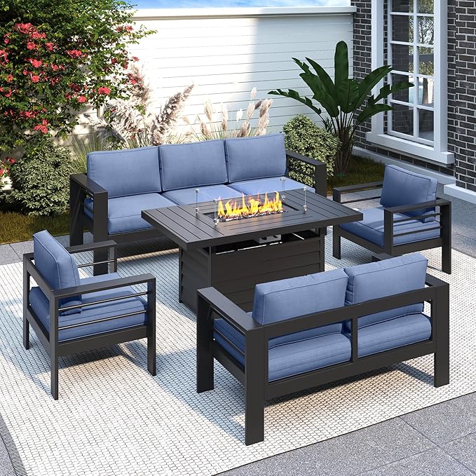 Solaste Aluminum Patio Furniture Set with 55 inch Fire Pit Table, 5 Piece Metal Outdoor Furniture with Water-Resistant Cushion, Modern Patio Conversation Set for Balcony, Front Porch, Backyard, Blue