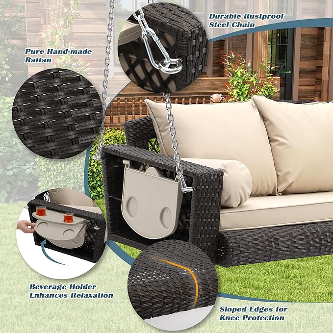 Outdoor Wicker Patio Porch Swing - 3 Person Swing Outdoor Hanging Porch Swing Seat Bench with Chains for Yard, Deck, Garden (Brown Rattan Khaki Cushion)