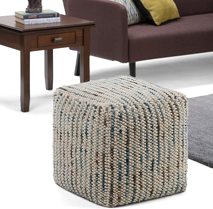 SIMPLIHOME Zoey Cube Pouf – 18 inch Wide Upholstered Wool and Cotton Ottoman in Multi-Color, Boho Woven Footstool or Extra Seating for Living Room, Bedroom, or Kids Room, Assembled