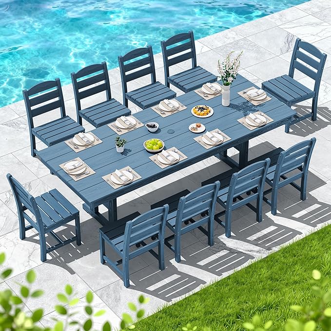 SERWALL Outdoor Dining Table, 84" Rectangular Dining Table for 6-10 Person, All Weather HDPE Outdoor Furniture for Backyard, Garden, Navy