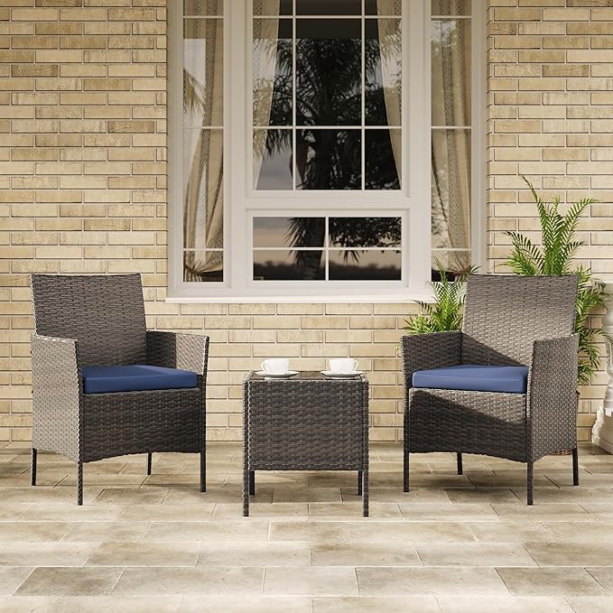 GAOMON 3-Piece Patio Furniture Set, Modern PE Rattan Conversation Set with 2 Chairs & Tempered Glass Coffee Table, All-Weather Outdoor Seating for Garden, Porch, Balcony, Poolside, Brown/Navy Blue