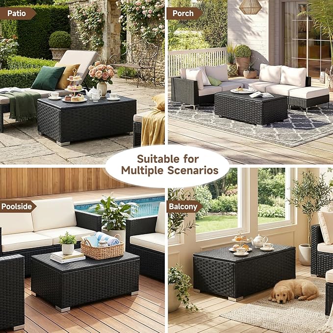 ONBRILL Outdoor Coffee Table with Storage, Rattan Storage Coffee Table with Internal Waterproof Bag, Low Side Table for Patio, Porch, Backyard, Poolside - Black