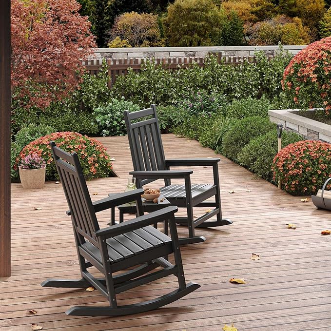 Rocking Chair Outdoor Set of 2 - HDPE Poly High Back Porch Rocker Chairs for Adults - All Weather Resistant Furniture for Patio Front Porch - Black