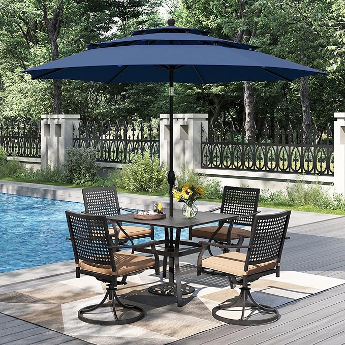 PHI VILLA 5 Pieces Outdoor Dining Set for 4 with 10ft Umbrella, 37" Metal Square Table & Swivel Wrought Iron Chair with Cushions & Blue Umbrella, Modern Furniture Set for Patio, Deck, Yard, Porch