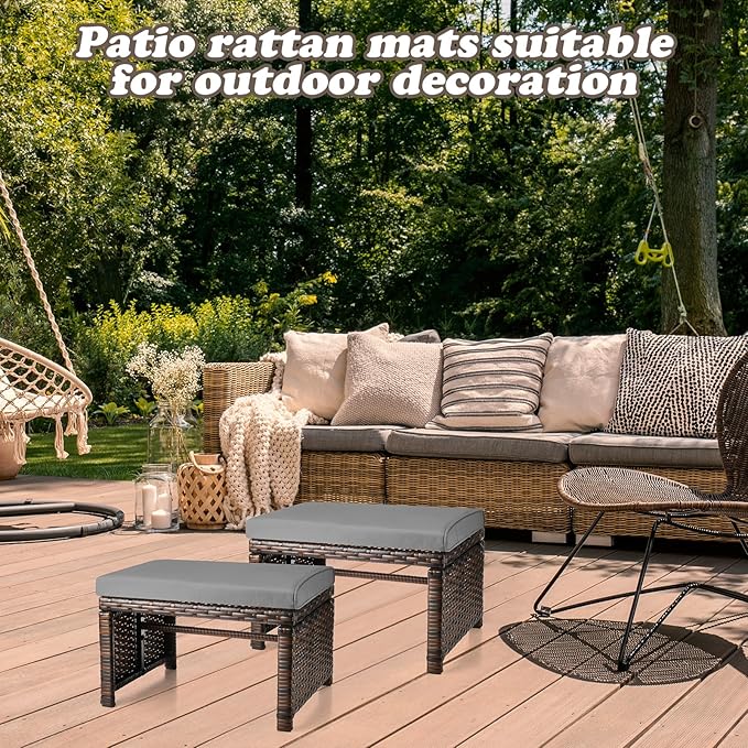 2 Pcs Patio Rattan Ottomans Outdoor Wicker Ottomans Patio Footstool Footrest with Removable Cushion Soft Zippered Cushions Function Footstool Seat Table for Backyard Balcony Poolside(Gray, Black)
