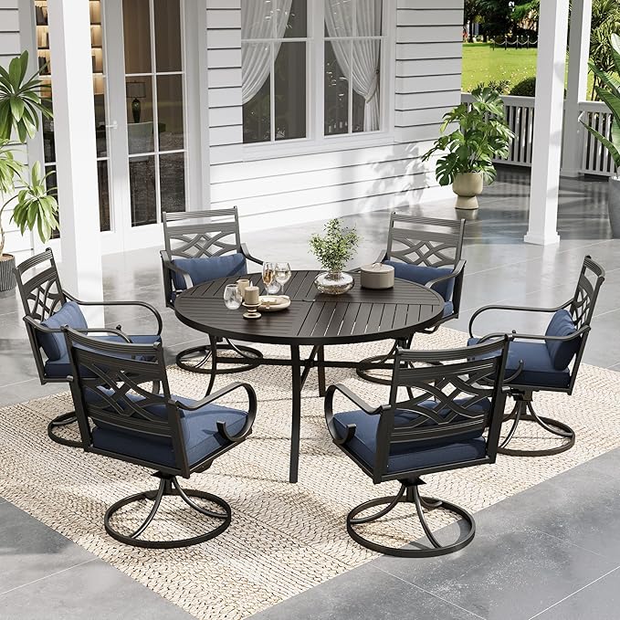Sophia and William Swivel Patio Dining Set for 6, Outdoor Table and Chairs, Removable Seat Cushions, Black 54" Round Patio Dining Table,Blue