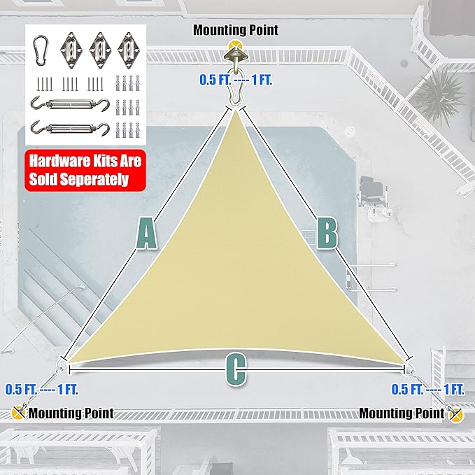 Amgo Custom Size 6' x 6' x 6' Beige Triangle Sun Shade Sail UPF50+ AGTAPRT12, Order to Make Canopy Awning, 95% UV Blockage, Water & Air Permeable, Commercial Standard (We Customize)