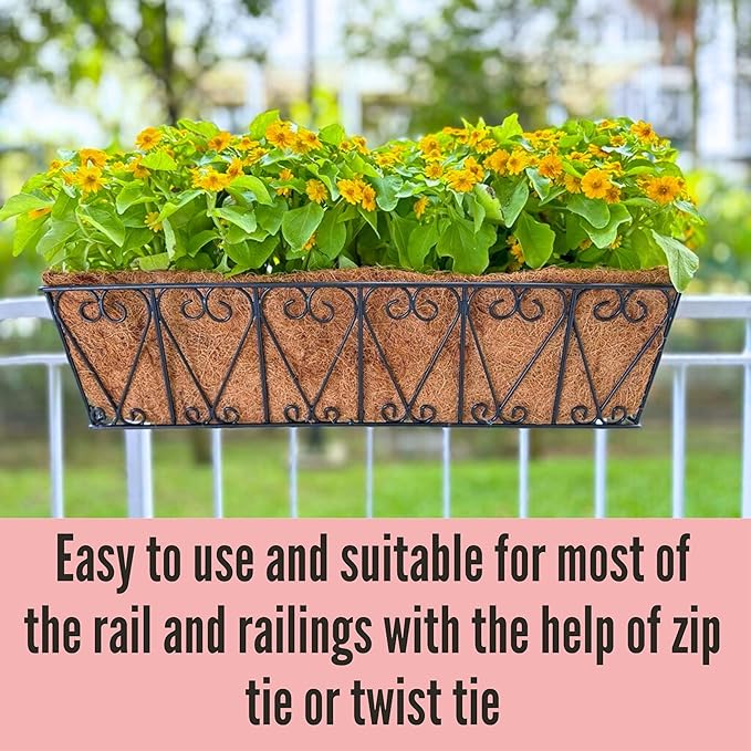 LaLaGreen Wall Hanging Planter - 4 Pack, 24 Inch Large Black Window Flower Basket Boxes Outdoor Attach House, Rectangular Deck Railing Hanging Pot with Coco Liner Over Rail Fence Balcony Patio Porch