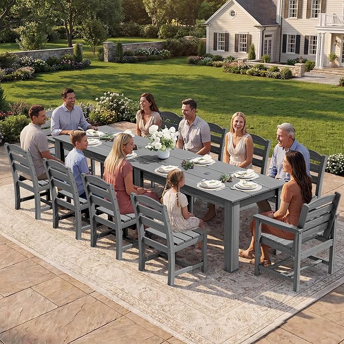 SERWALL Outdoor Dining Sets for 10, HDPE Dining Sets for 10 Person with 2 Rectangular Tables and 8 Armless Chairs and 2 Armchairs, Patio Dining Sets for Garden, Backyard, Poolside, Gray