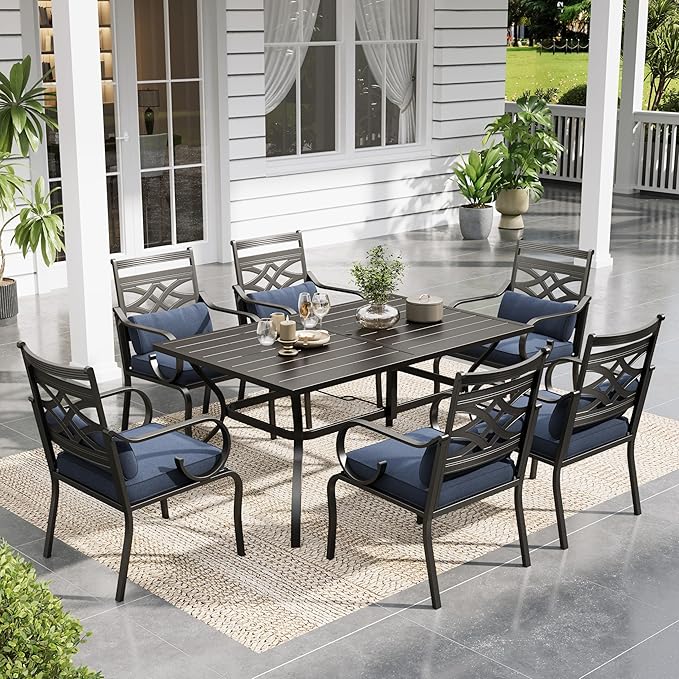 Sophia and William Patio Dining Set for 6, Outdoor Table and Chairs, Removable Seat Cushions, 60" Black Patio Dining Table,Blue