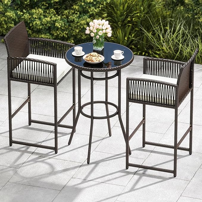 Tangkula 3 Piece Patio Bar Set, Outdoor Heavy Duty Wicker Bar Height Table & 2 Cushioned Barstools, for Backyard, Poolside, Porch, Bistro