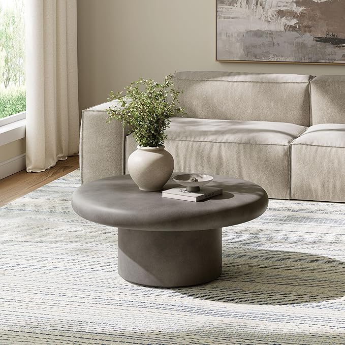 Modway Argos Round Concrete Coffee Table in Gray - Cement Low Coffee Table for Sitting on The Floor - Weather Resistant Stone Patio Coffee Table - Indoor Outdoor 34 Inch Center Table