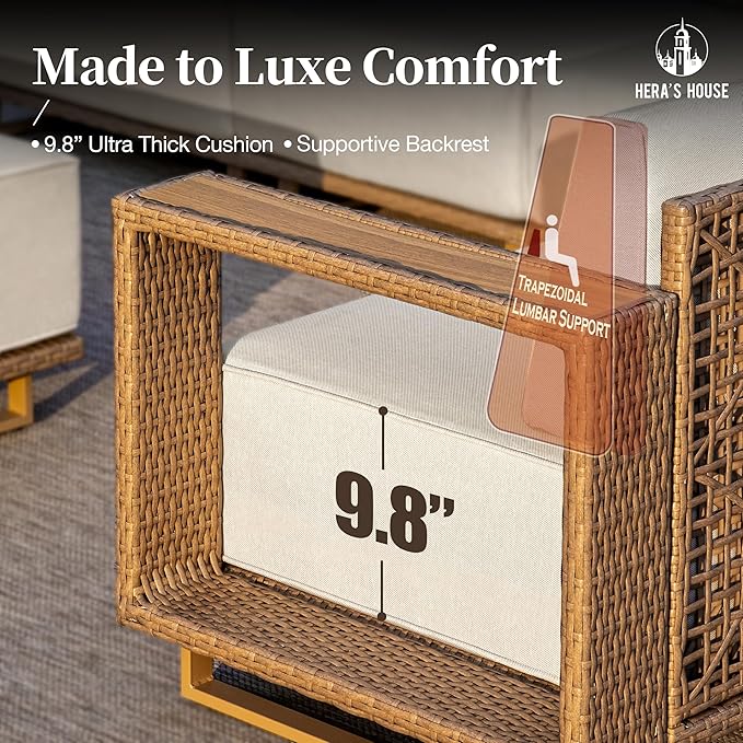 HERA'S HOUSE 8 Pieces Patio Furniture Set, 6 Sectional Outdoor Rattan Wicker Sofas with 2 Ottomans, All Weather Patio Conversation Set with 5.3" Widened Armrest, 10" Premium Ultra Thick Comfy Cushion