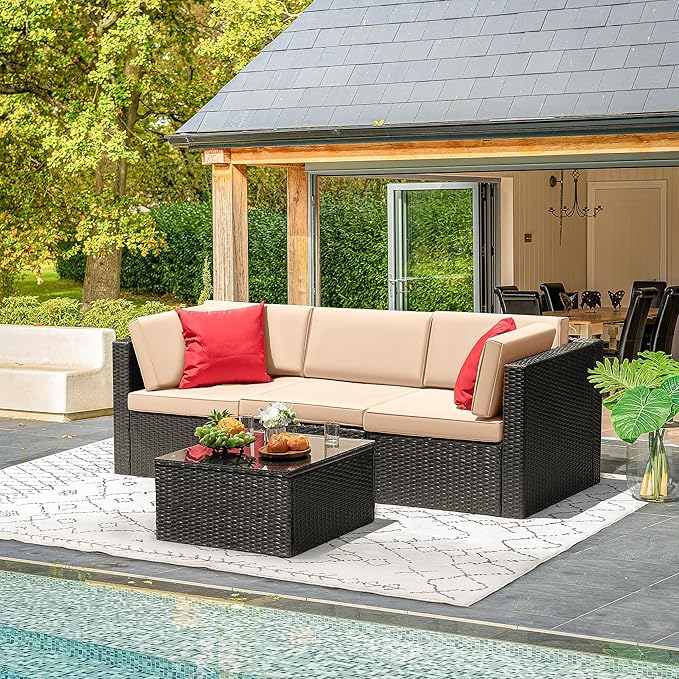 Devoko 4 Pieces Patio Furniture Sets All-Weather Outdoor Sectional Sofa Manual Weaving Wicker Rattan Patio Conversation Set with Cushion and Glass Table (Beige)