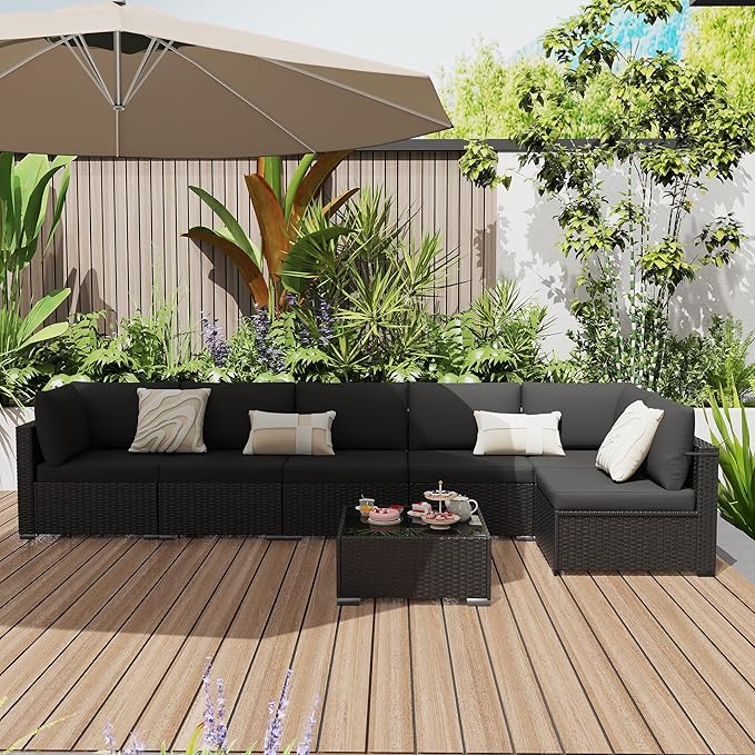 KIGOTY Patio Furniture Set,7 Pieces Modular Outdoor Sectional Sofa, PE Rattan Patio Conversation Set, All Weather Wicker Patio Furniture with Cushions and Coffee Table（Black/Black）