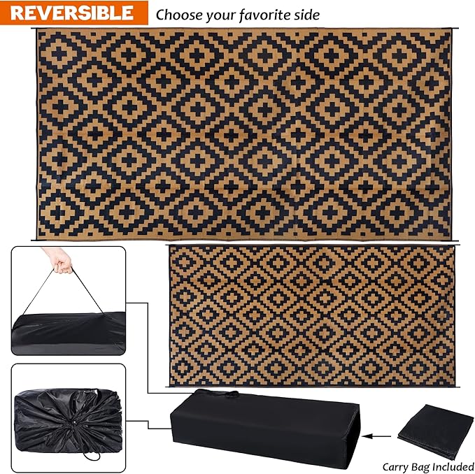 SAND MINE Reversible Mats, Plastic Straw Rug, Modern Area Rug, Large Floor Mat and Rug for Outdoors, RV, Patio, Backyard, Deck, Picnic, Beach, Trailer, Camping, Black & Brown, 9' x 18'