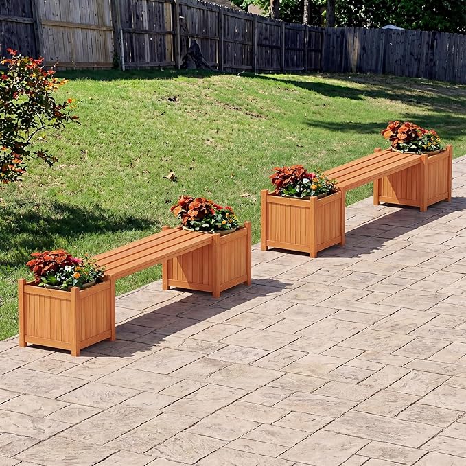 Giantex 4-in-1 Outdoor Bench with 4 Planter Boxes, Wood with Teak Oil Finish, Garden Bench Seat with Raised Garden Beds for Porch Balcony Lawn Yard, DIY Assembly, Orange