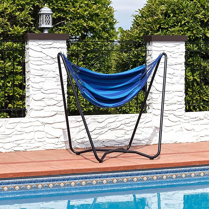 Sunnydaze Hanging Hammock Chair with Space-Saving Stand for Indoor or Outdoor Use - 330-Pound Capacity - Beach Oasis
