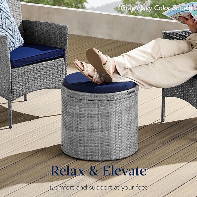 Best Choice Products Round Wicker Ottoman, Multipurpose Outdoor Furniture for Patio, Backyard, Additional Seating, Footrest, Side Table w/Storage, Removable Cushions – Black/Teal