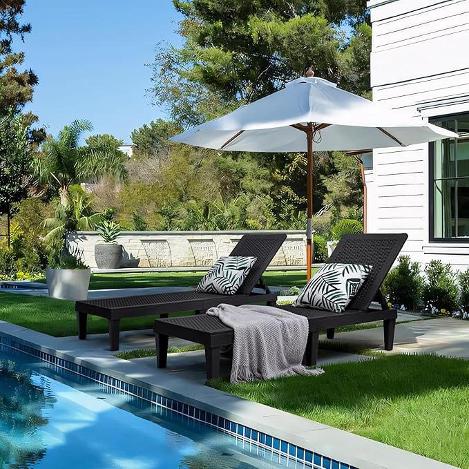 Greesum Outdoor Chaise Lounge Chairs Set of 4 with 5-Position Adjustable Backrest, Waterproof PP Sun Chaise Loungers for Garden Pool Beach Patio Deck Sunbathing, Black