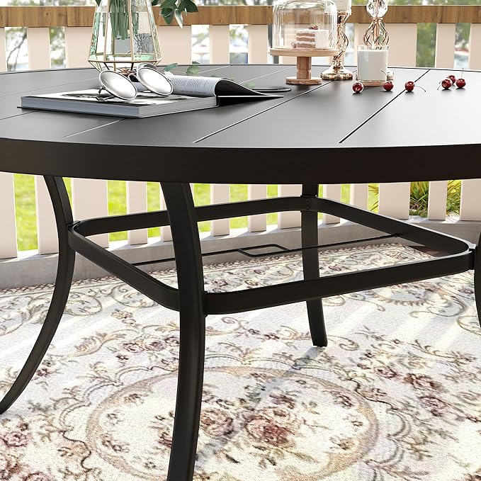 VICLLAX 63" Outdoor Round Patio Table with Umbrella Hole, All Weather Metal Round Outdoor Dining Table for Lawn Garden, 8-10 Person Table, Black