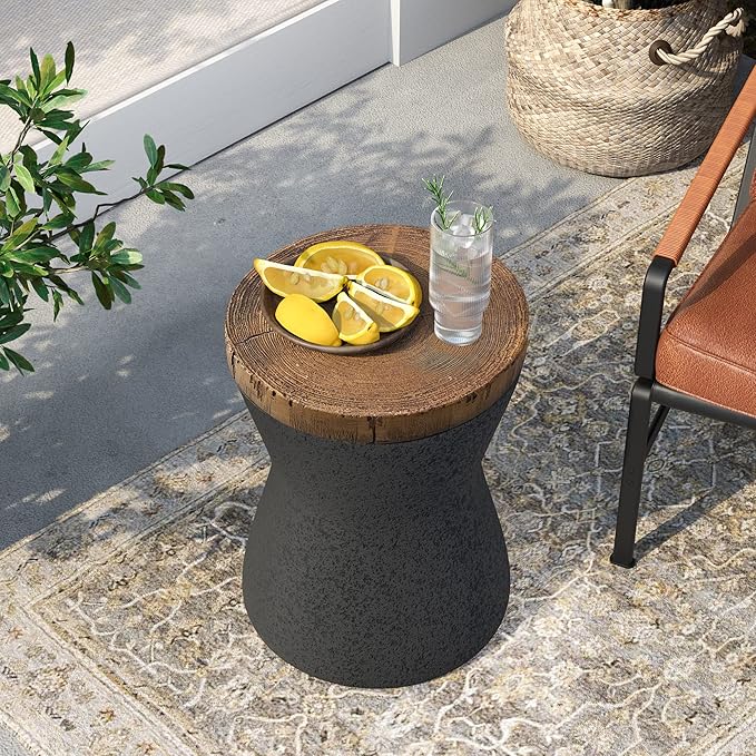 SUNBURY Outdoor Accent Table, 13" W Hourglass Shaped Outdoor Side Table for Patio, Concrete Garden Stool End Table, Morden Concrete Wooden-Look Top for Bedroom, Garden, Backyard