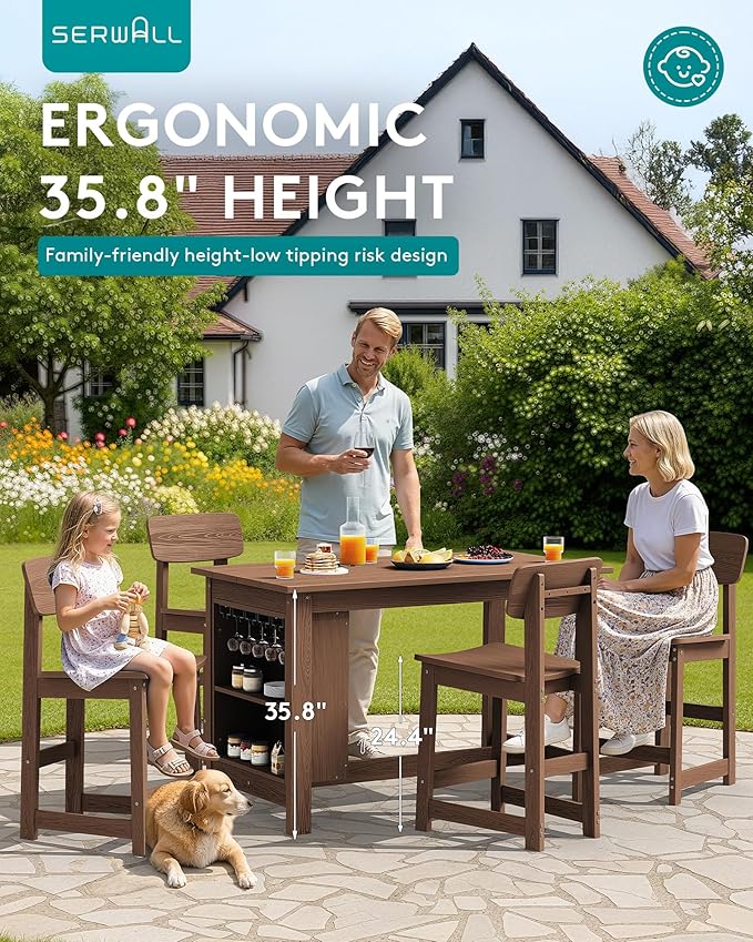 SERWALL 10-Piece HDPE Counter Height Dining Table Sets with Storage and Wine Rack, 2 Rectangular Bar Table with Bar Stools Set of 8 for Garden, Backyard, Kitchen, Brown