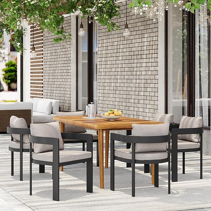 Christopher Knight Home Elko Acacia Wood Outdoor Dining Set for 6, Wooden 7 Piece Patio Dining Table Set, Outdoor Metal Dining Chair and Table Set with Cushion, Patio Furniture Set, Teak+Dark Gray