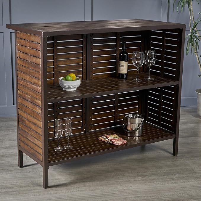 Christopher Knight Home Leni Indoor Acacia Bar Set with Rustic Metal Finish Accents, Dark Brown / Rustic Metal