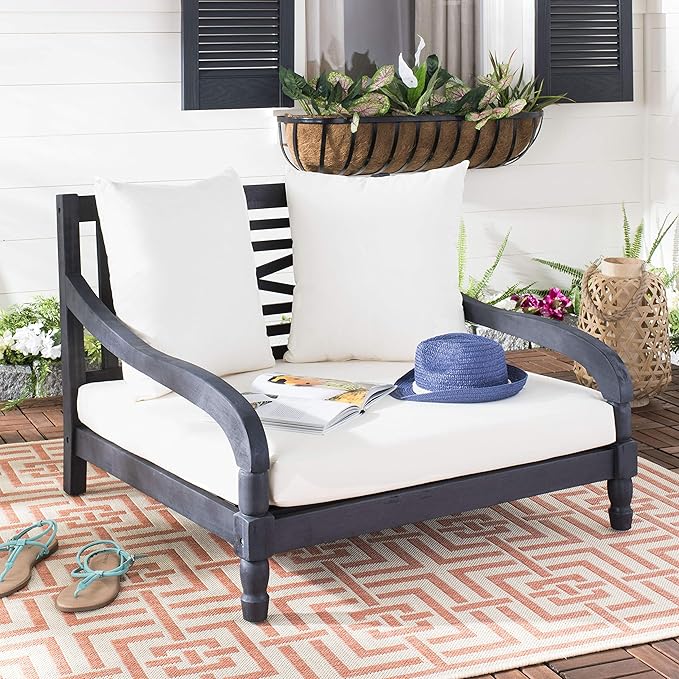 SAFAVIEH Outdoor Collection Pomona Dark Slate Grey Solid Wood/Beige Cushion Lounger Bench Sofa Loveseat (PAT6740K)